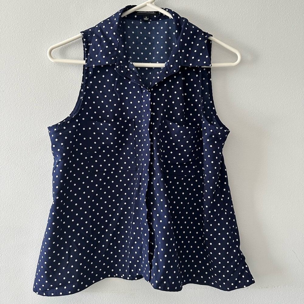 Notations Top Women's Small Button Down Blouse Sleeveless Navy Polka Dot Coastal